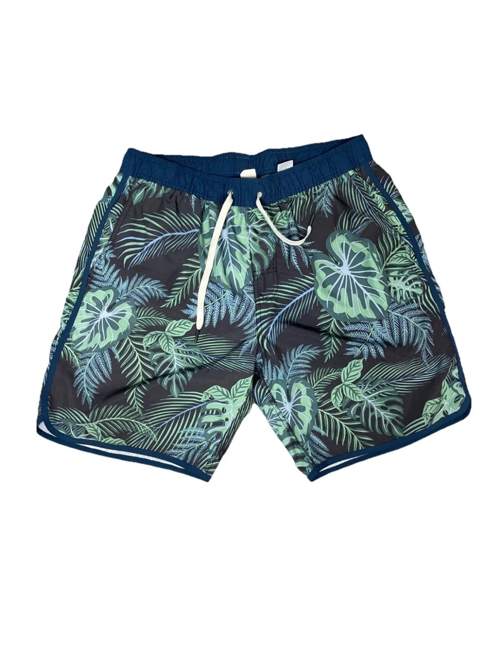 Fair Harbor Swim Shorts Mens Large Navy Green Tropical Trunks Lined Drawstring